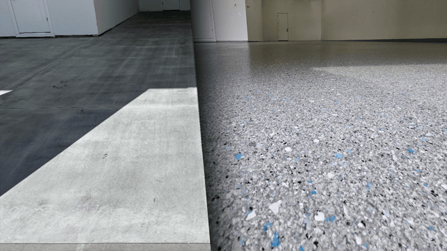 polyurea/polyaspartic concrete floor coating before and after in a residential garage