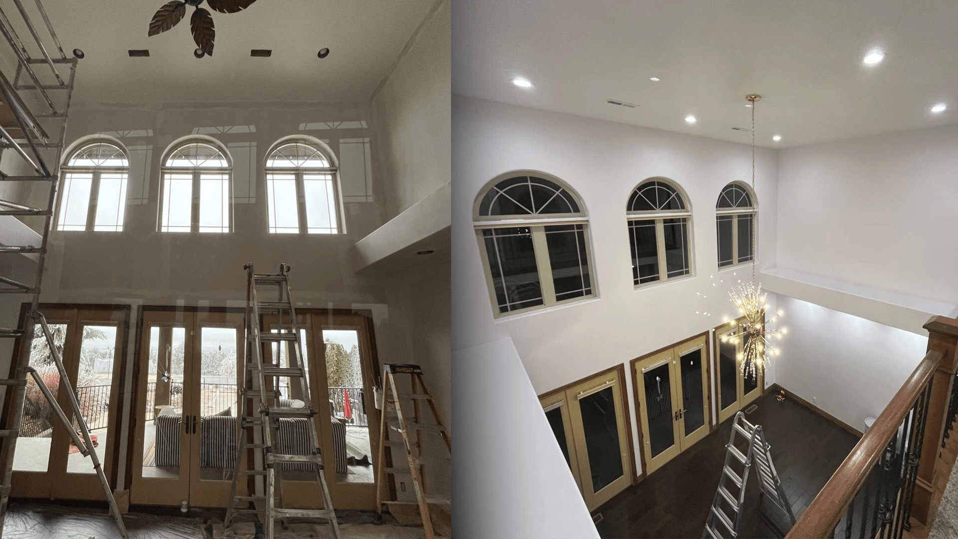 before and after of an interior painting job in a large home foyer with two story windows