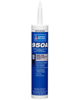 A blue and white tube of Sherwin Williams 9504 caulk