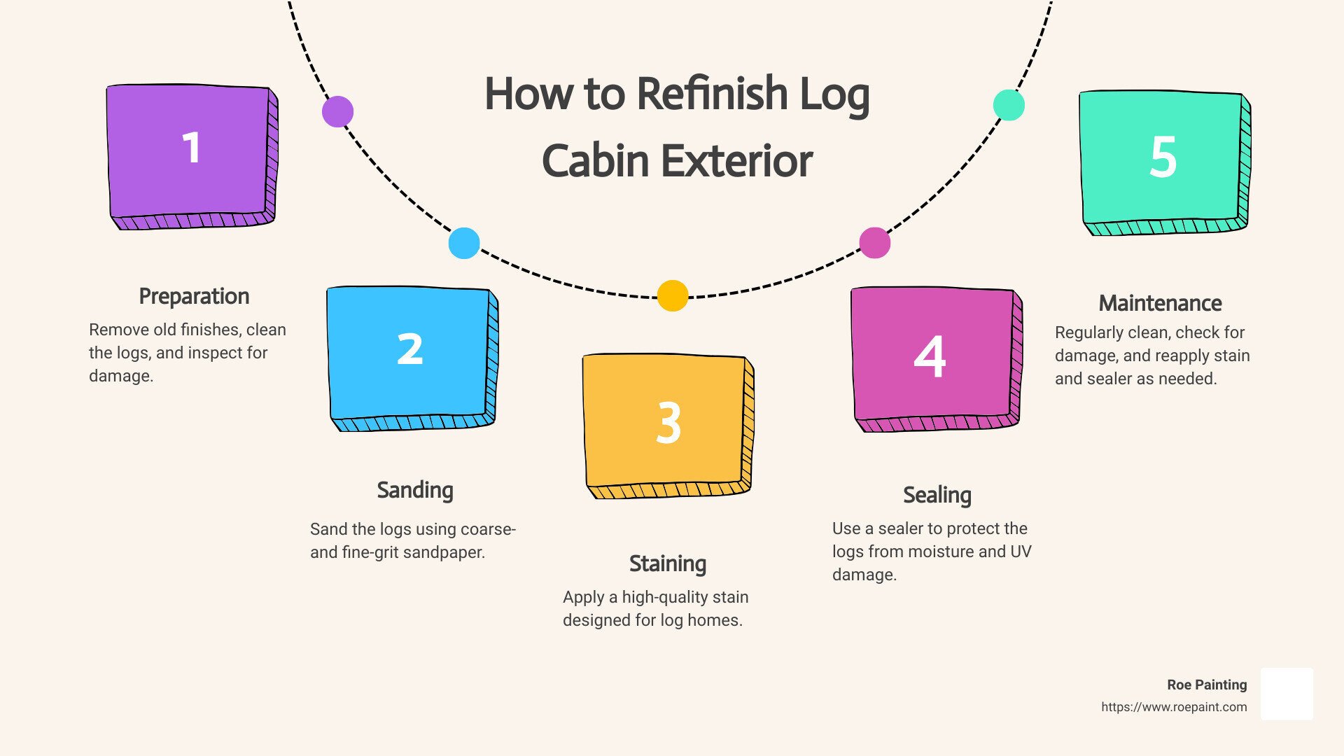 refinishing log cabin - how to refinish log cabin exterior infographic process-5-steps-informal